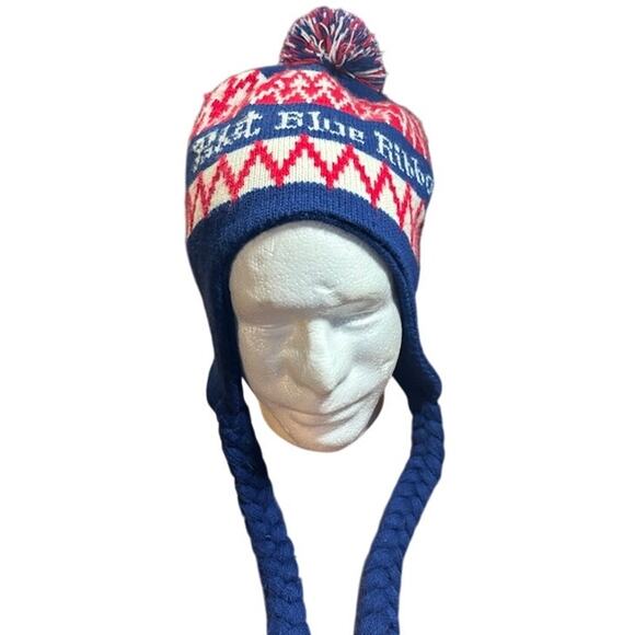 Pabst Blue Ribbon hat Pom beer PBR beanie earflaps w tassels red blue white - Picture 2 of 6
